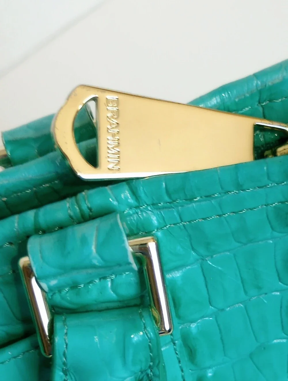 Brahmin Turquoise La Scala Mini Arno Croc Embossed Leather Crossbody Satchel Bag